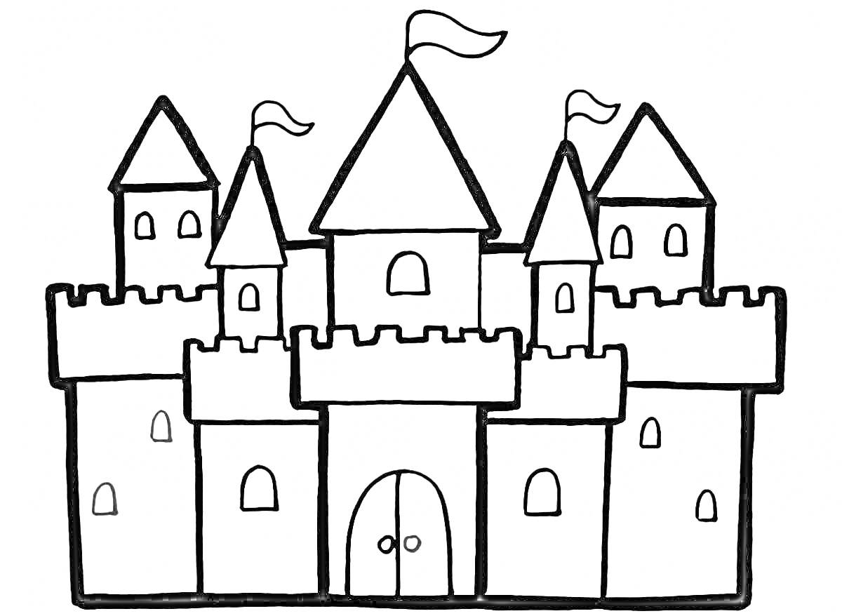 Раскраска Замок с башнями, окнами и флагами для детей