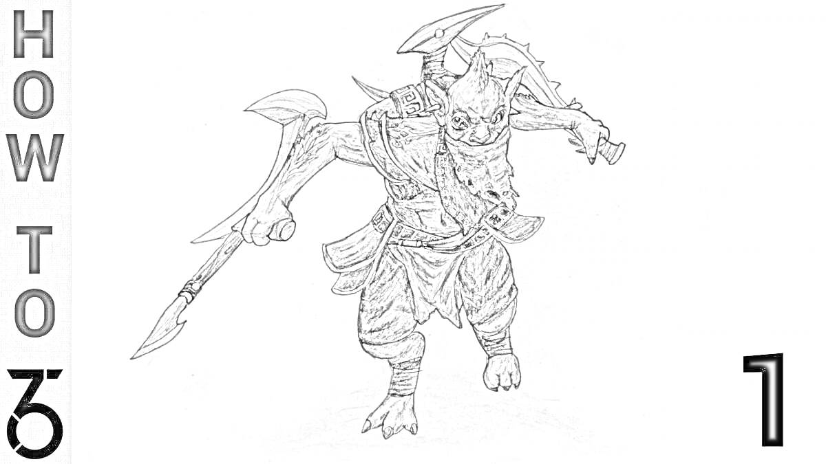 Раскраска Воин с двумя топорами, в доспехах с шипами и маской, в прыжке