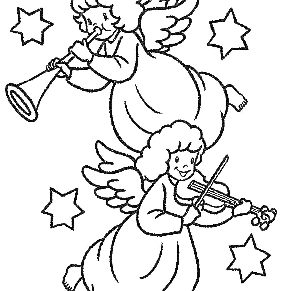 Раскраска два рождественских ангела, играющих на музыкальных инструментах, на фоне звезд