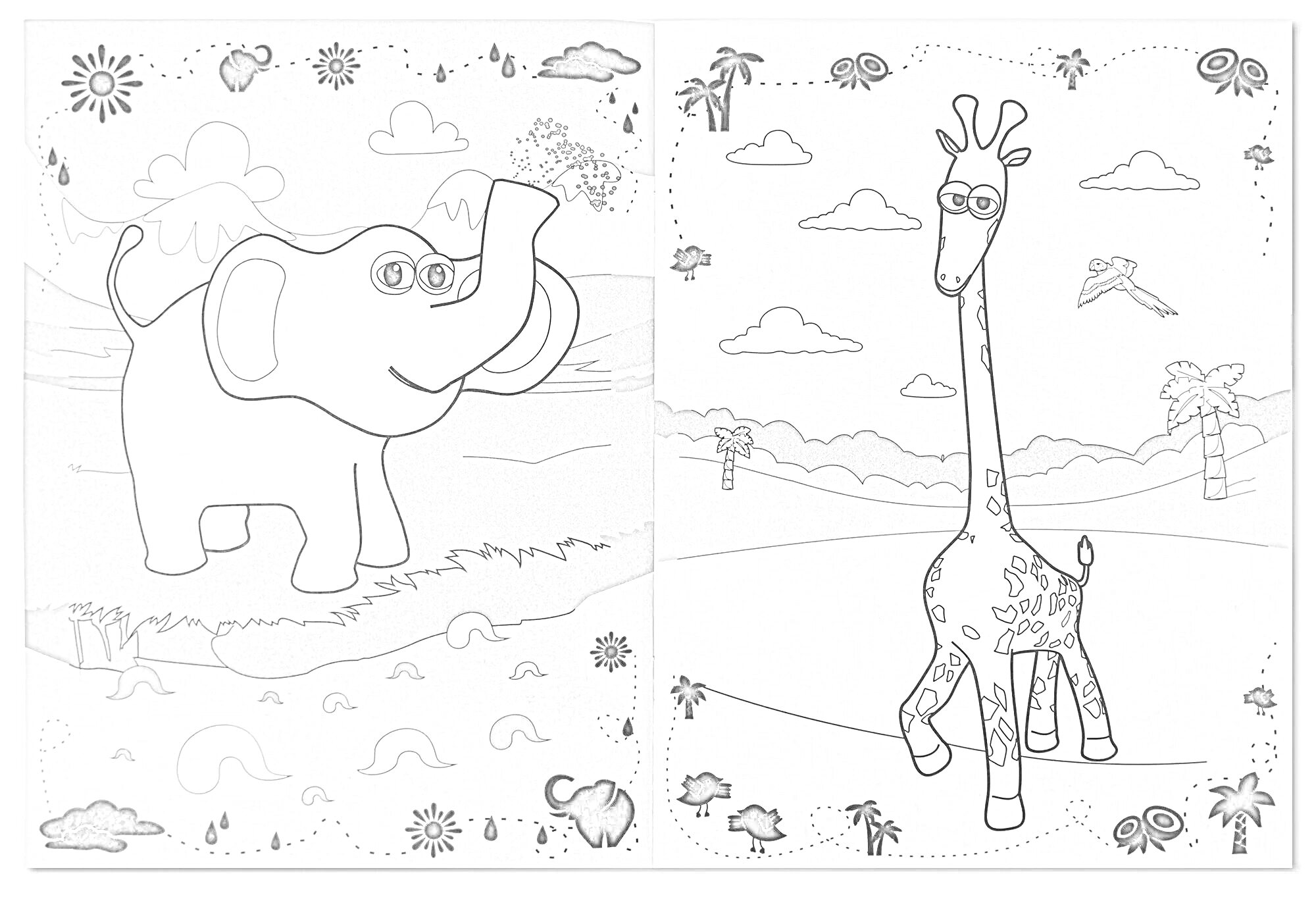 На раскраске изображено: 3D, Слон, Природа, Облака, Деревья, Трава, Водоем, Лето, Для детей, Насекомое, Жирафы