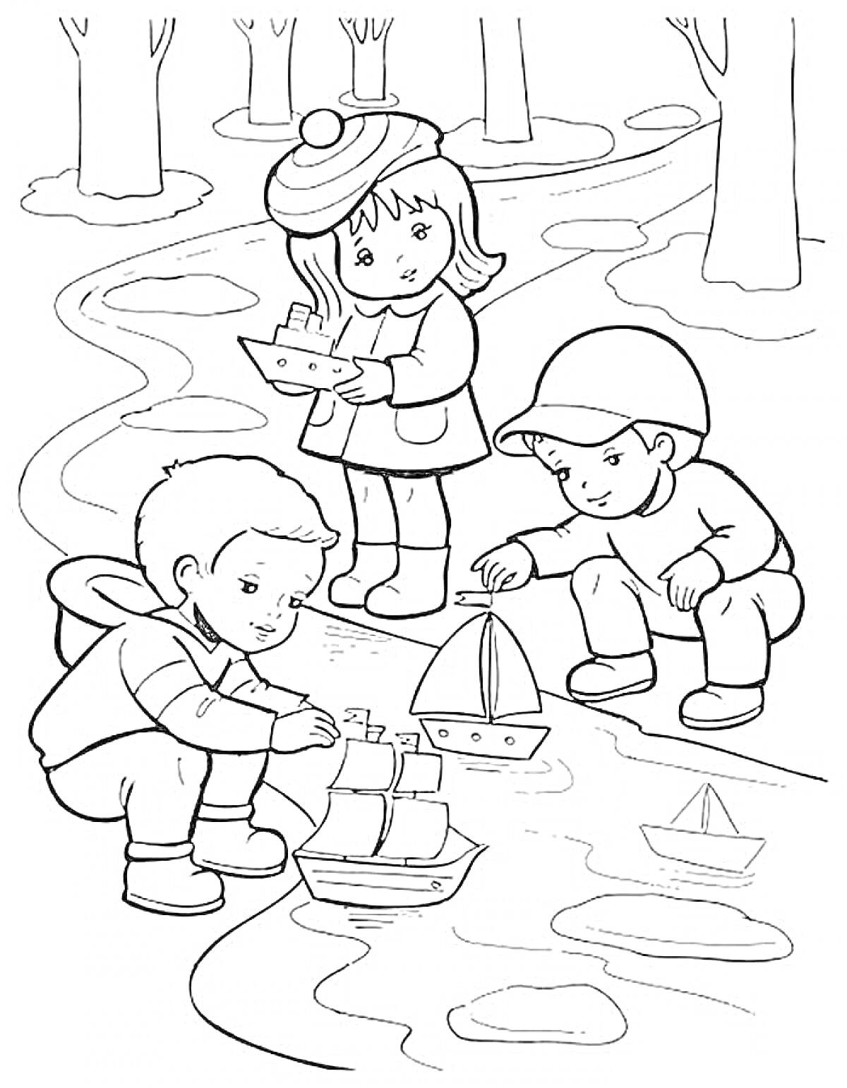 На раскраске изображено: Река, Лес, Игра, Игрушки, Природа, Деревья, Весна, Для детей, Корабль