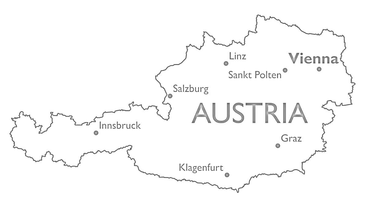 Раскраска Контурная карта Австрии с обозначением городов Вена, Грац, Линц, Зальцбург, Инсбрук, Санкт-Пельтен и Клагенфурт