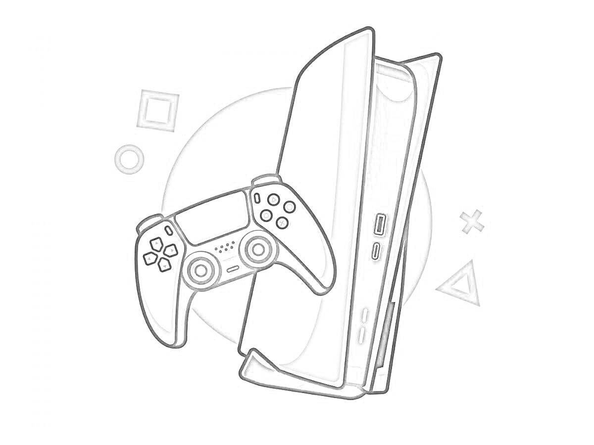 Раскраска Консоль PlayStation 5 с контроллером и символами 