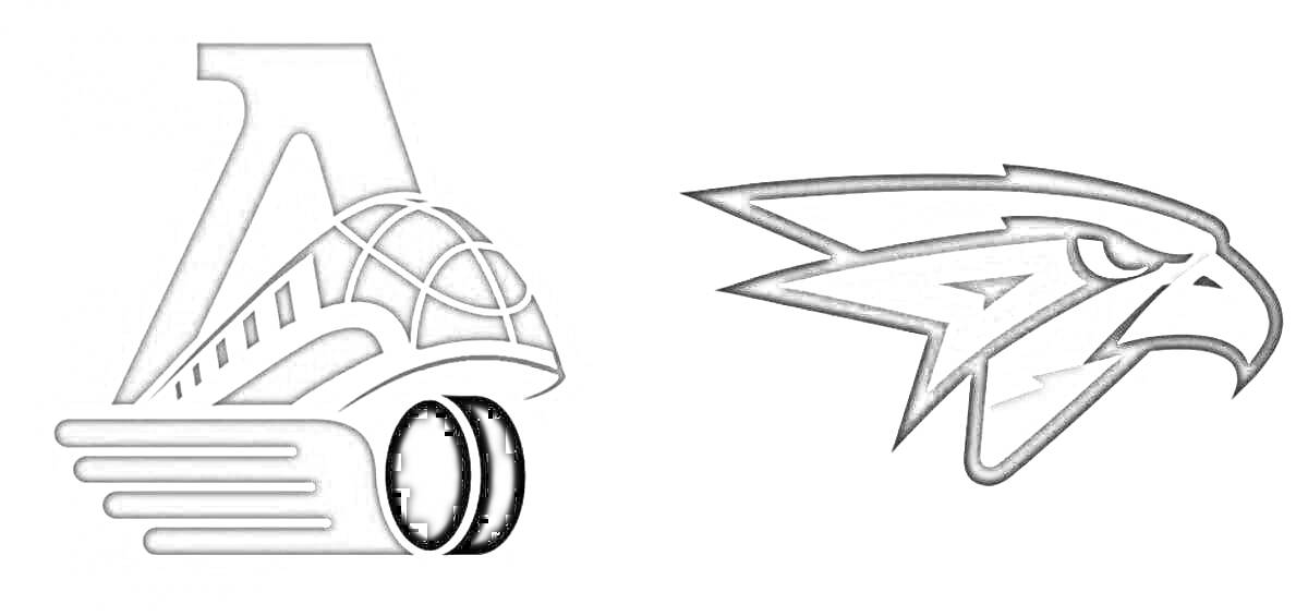 Раскраска Логотип с поездом, олицетворяющим локомотив и хоккейной шайбой; Логотип с изображением головы орла