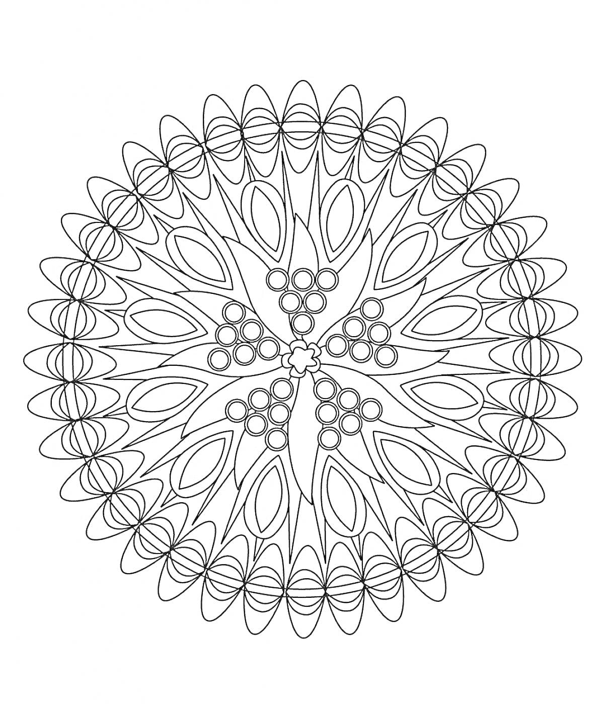 Раскраска Фрактальный узор с лепестками и кругами