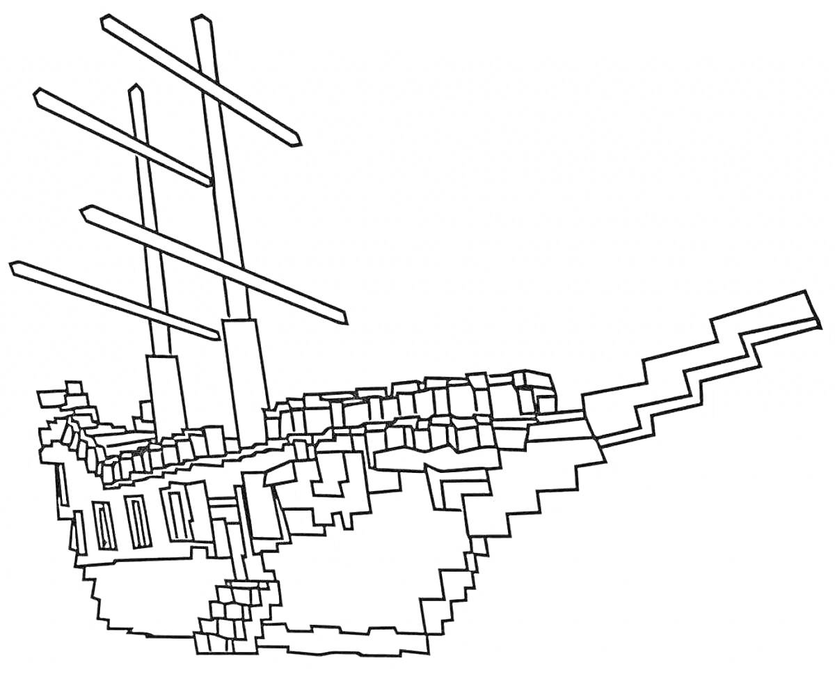 Раскраска Пиратский корабль из Майнкрафт с тремя мачтами