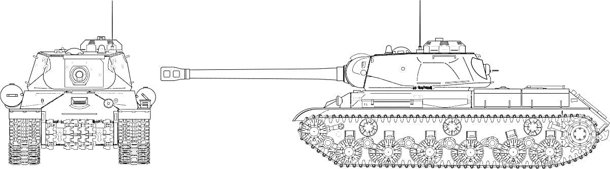Раскраска Вид спереди и сбоку танка ИС-2, гусеницы, пушка, башня, корпус