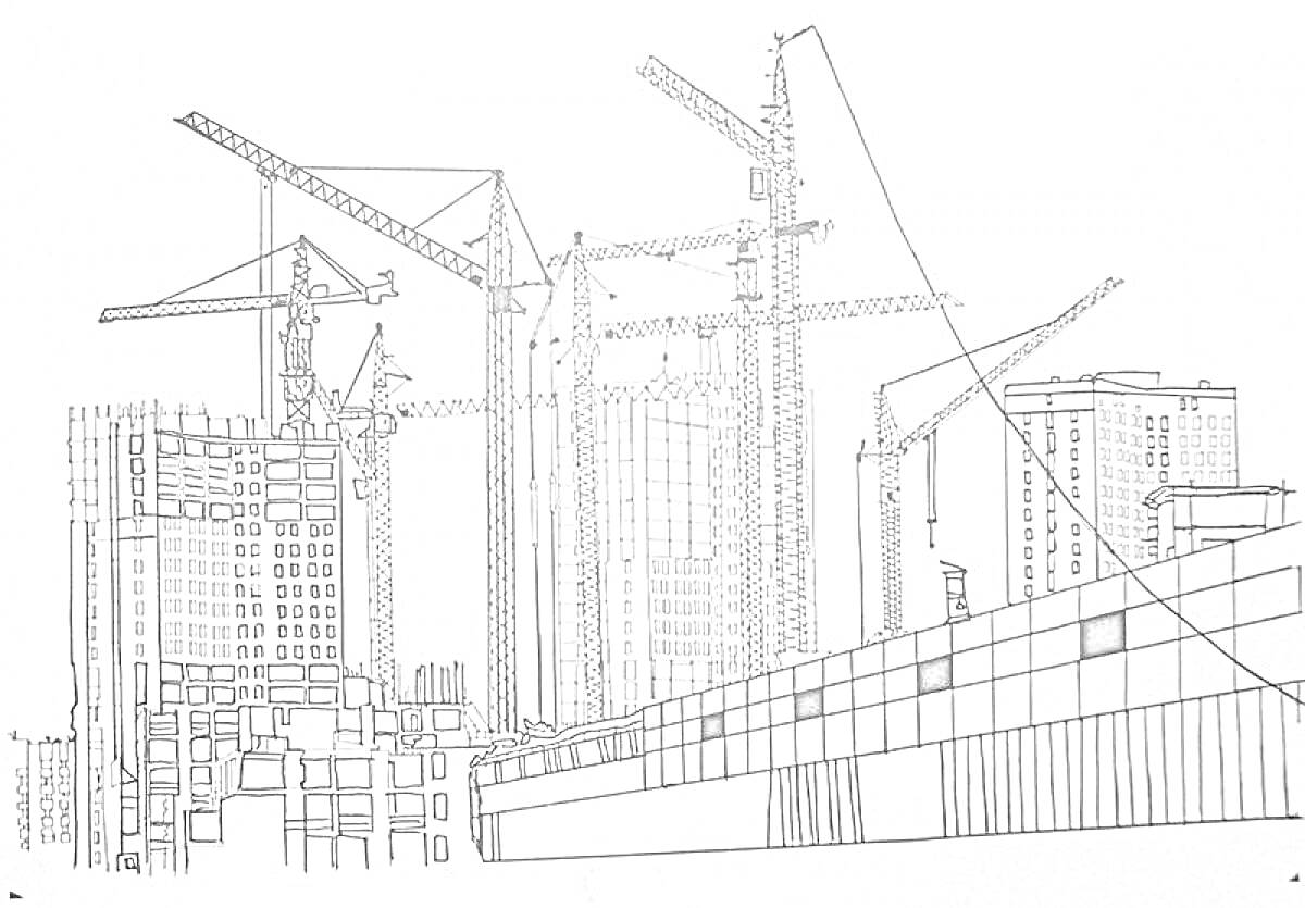 Раскраска Строительная площадка с небоскребами, подъемными кранами и строительными лесами