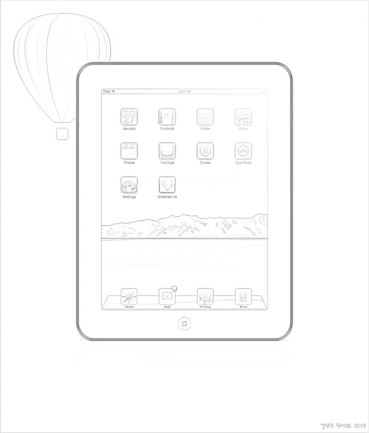 Раскраска iPad с воздушным шаром, иконками приложений и пейзажем