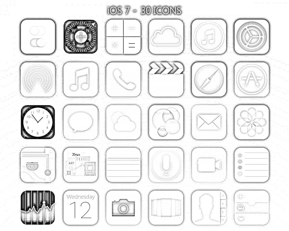 Набор из 30 иконок приложений iOS 7. Элементы: настройки, часы, калькулятор, облако, музыка, компас, контакты, телефон, видео, App Store, настройки 2, сообщения, календарь, почта, камера, заметки, карты, напоминания, микрофон, контакты 2, графики, фотогра