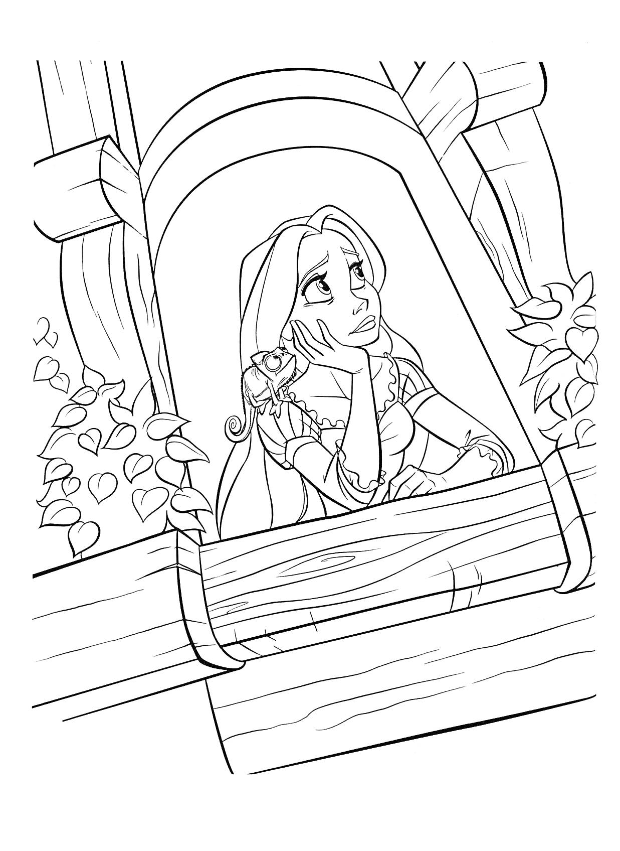 Раскраска Девочка с длинными волосами на балконе, украшенном листьями