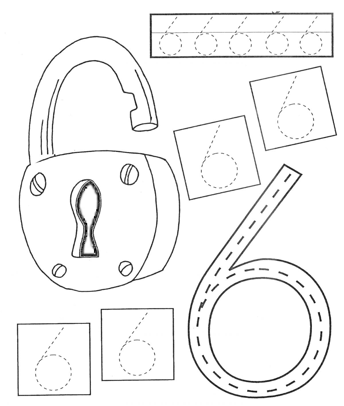 Раскраска Замок и цифра 6 с пунктиром для обведения