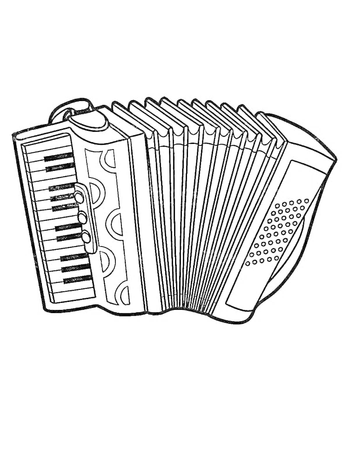 На раскраске изображено: Баян, Клавиши, Кнопки, Меха, Музыкальные инструменты