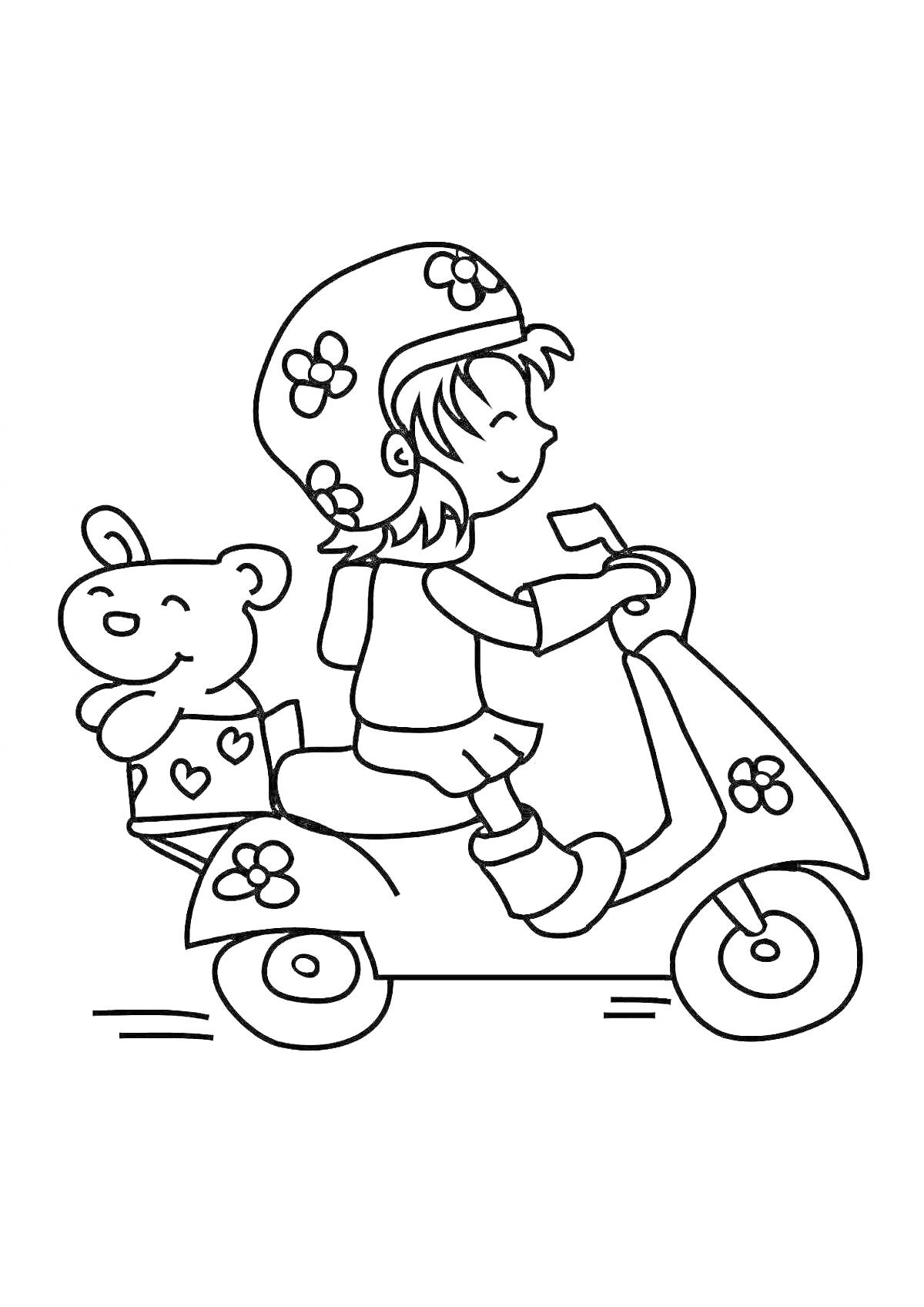 Раскраска Девочка на самокате с мишкой в корзине