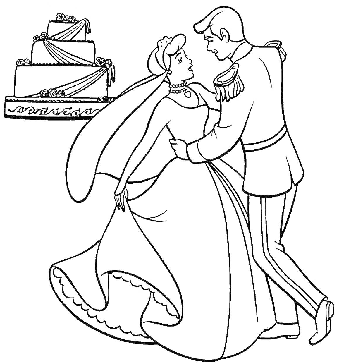 Раскраска Жених и невеста танцуют на свадьбе, рядом свадебный торт