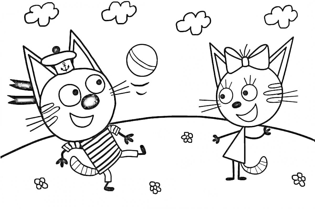 Раскраска Два кота играют с мячом на лугу с цветами и облаками