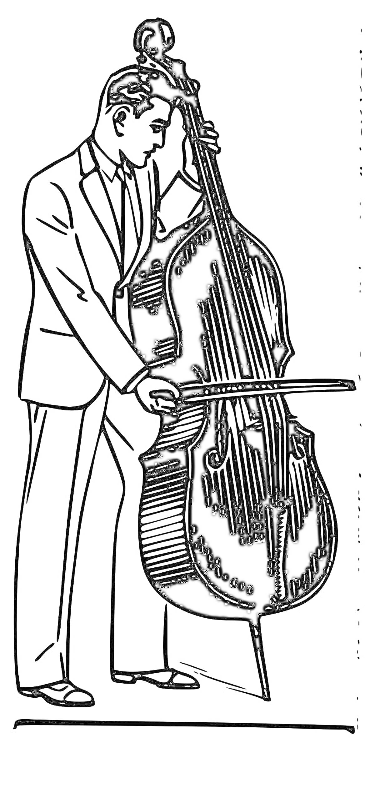 На раскраске изображено: Контрабас, Человек, Костюм, Музыкальные инструменты
