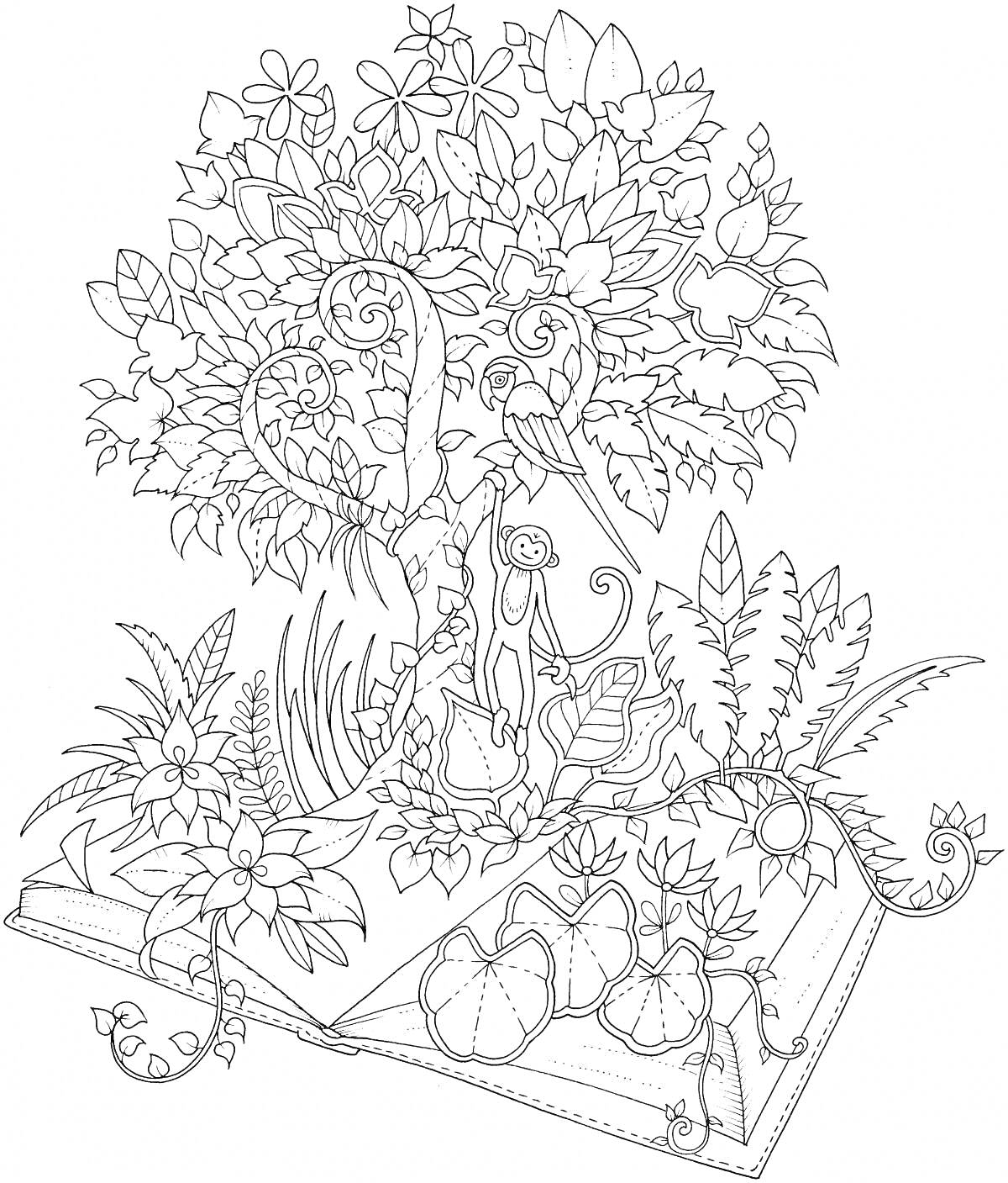 На раскраске изображено: Джунгли, Антистресс, Книга, Лианы, Цветы, Листья, Природа