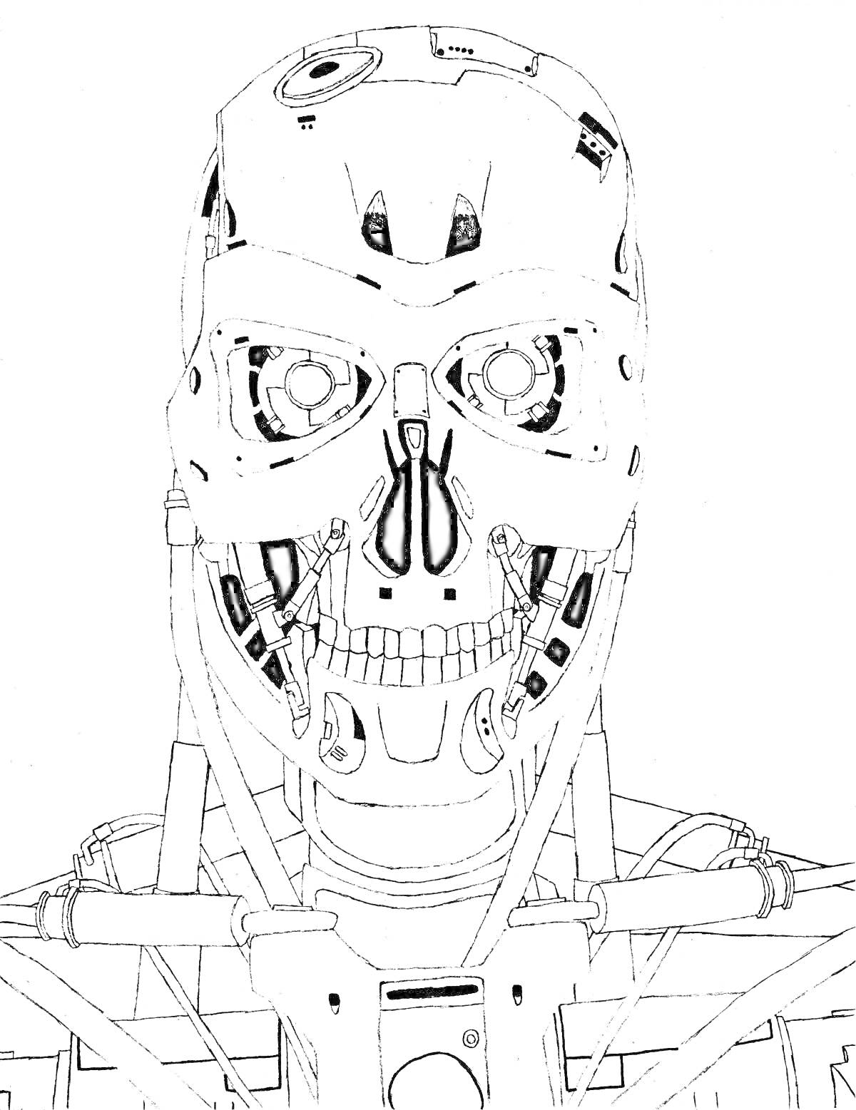 Раскраска Терминатор в виде робота с черепом и проводами