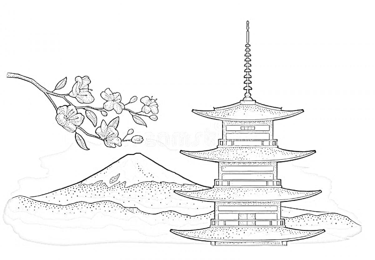 Раскраска Цветущая ветка сакуры рядом с пагодой на фоне горы Фудзи