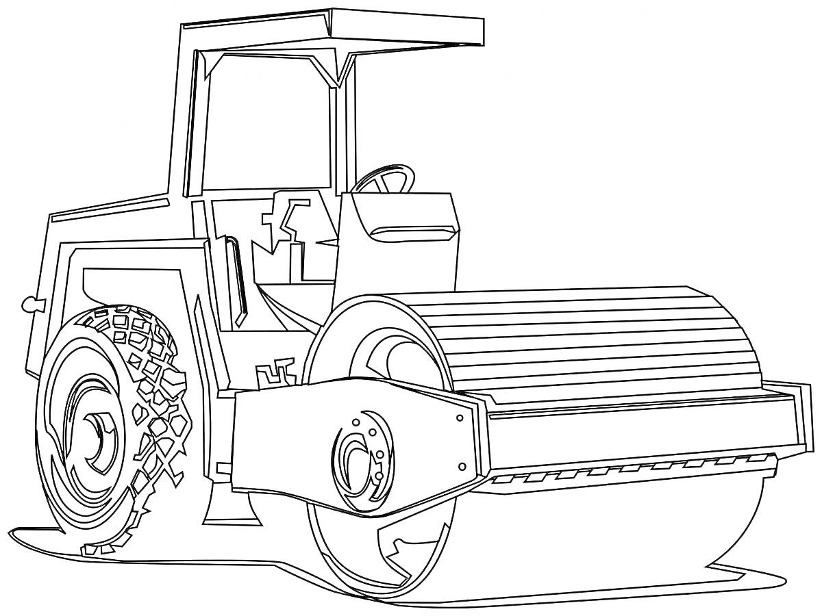 Раскраска Каток дорожный с кабиной, задним колесом и передним валом