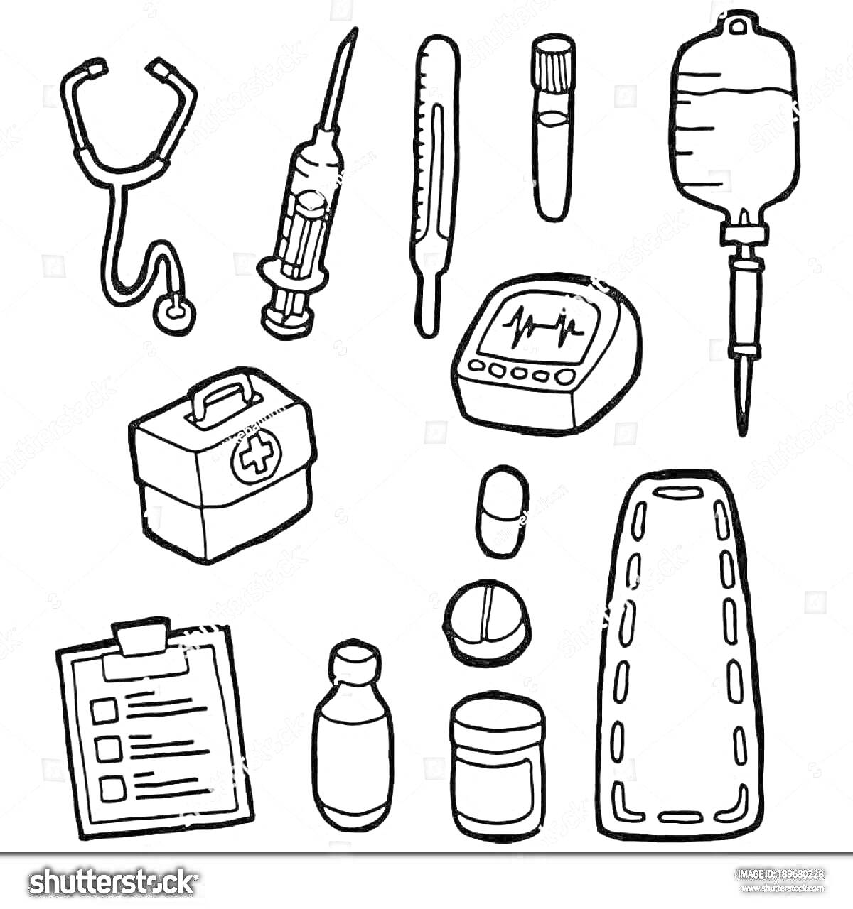 Раскраска Набор доктора: стетоскоп, шприц, термометр, пробирка, капельница, аптечка, монитор сердцебиения, таблетки, носилки, клипборд с бумагами, флакон с лекарством, банка с медикаментами.