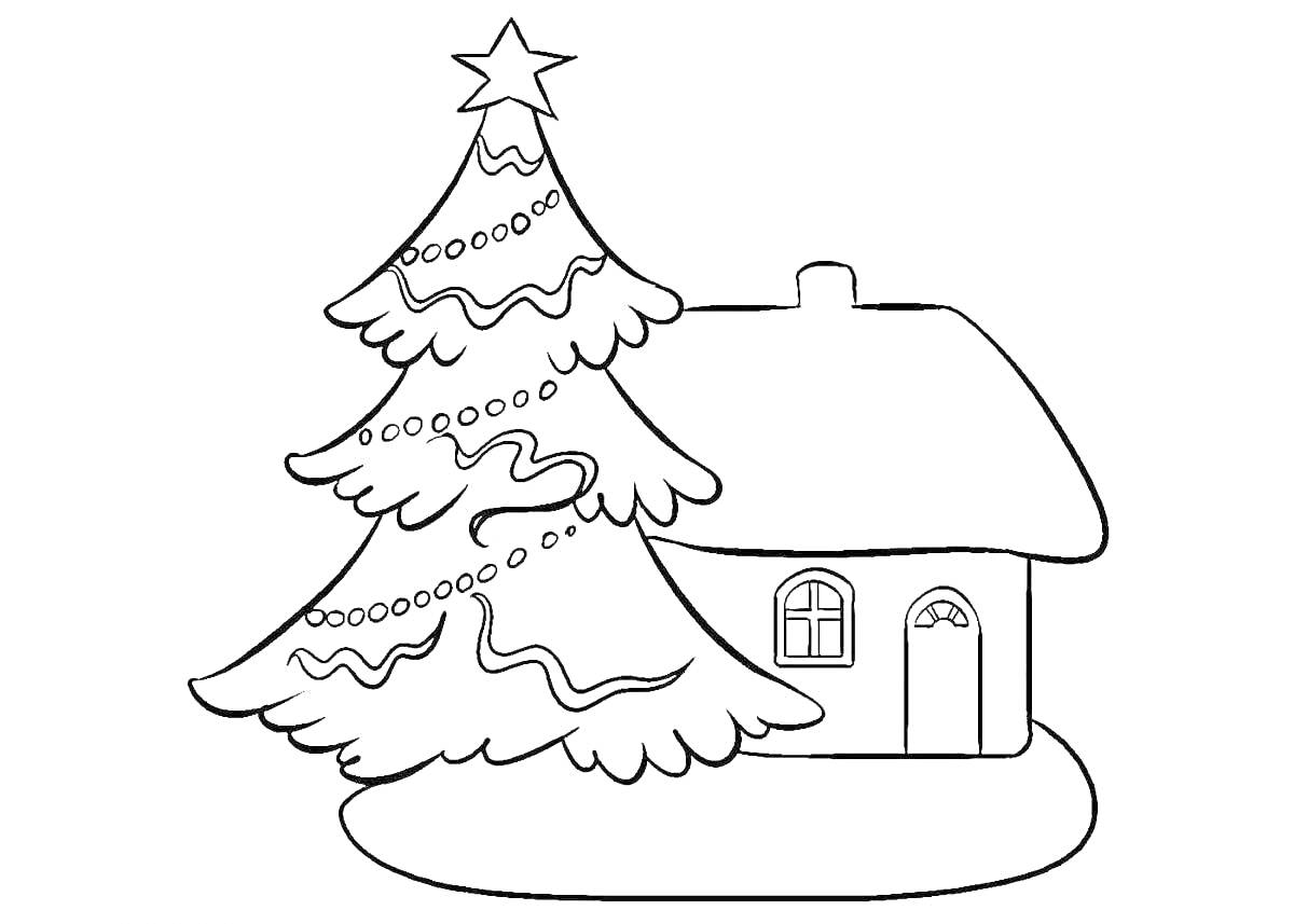 На раскраске изображено: Дом, Зима, Снег, Рождество, Новый год, Украшения, Гирлянда, Здание, Украшенная ёлка