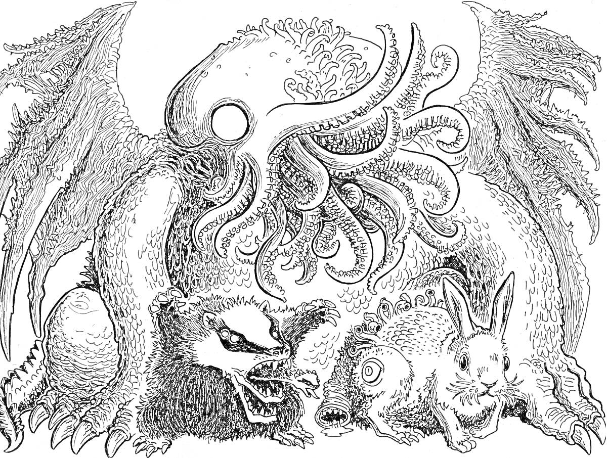 Раскраска Лавкрафтианский монстр с щупальцами, крыльями и глазамии, барсук с маской и открытой пастью, кролик с необычным узором на боку, грибы на заднем фоне