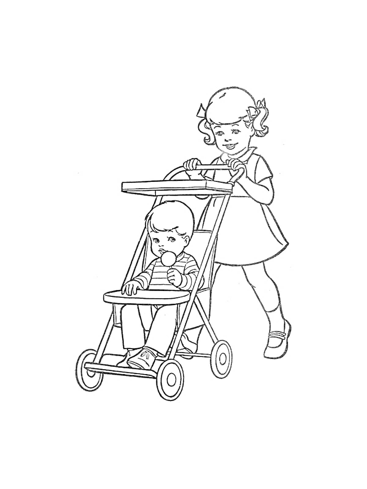 Раскраска Девочка в платье везёт мальчика в коляске, мальчик с игрушкой в руках
