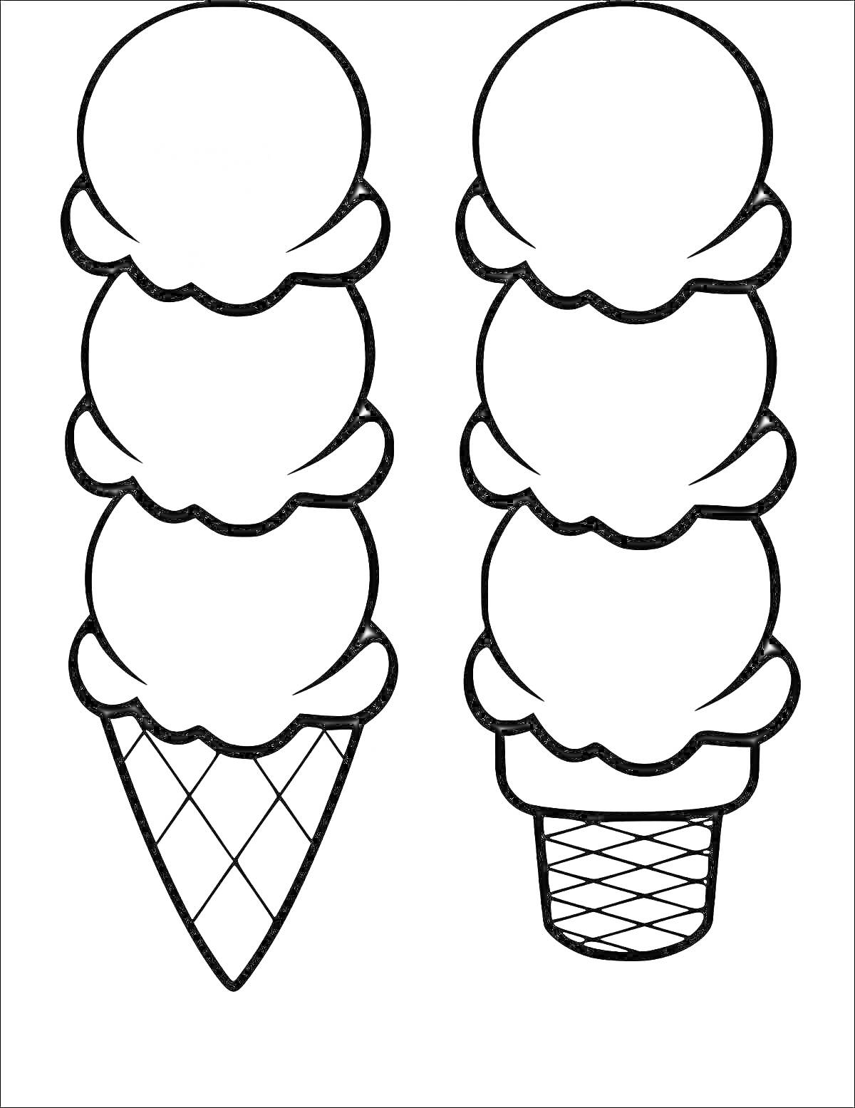 На раскраске изображено: Мороженое, Вафли, Три шарика, Конус, Форма