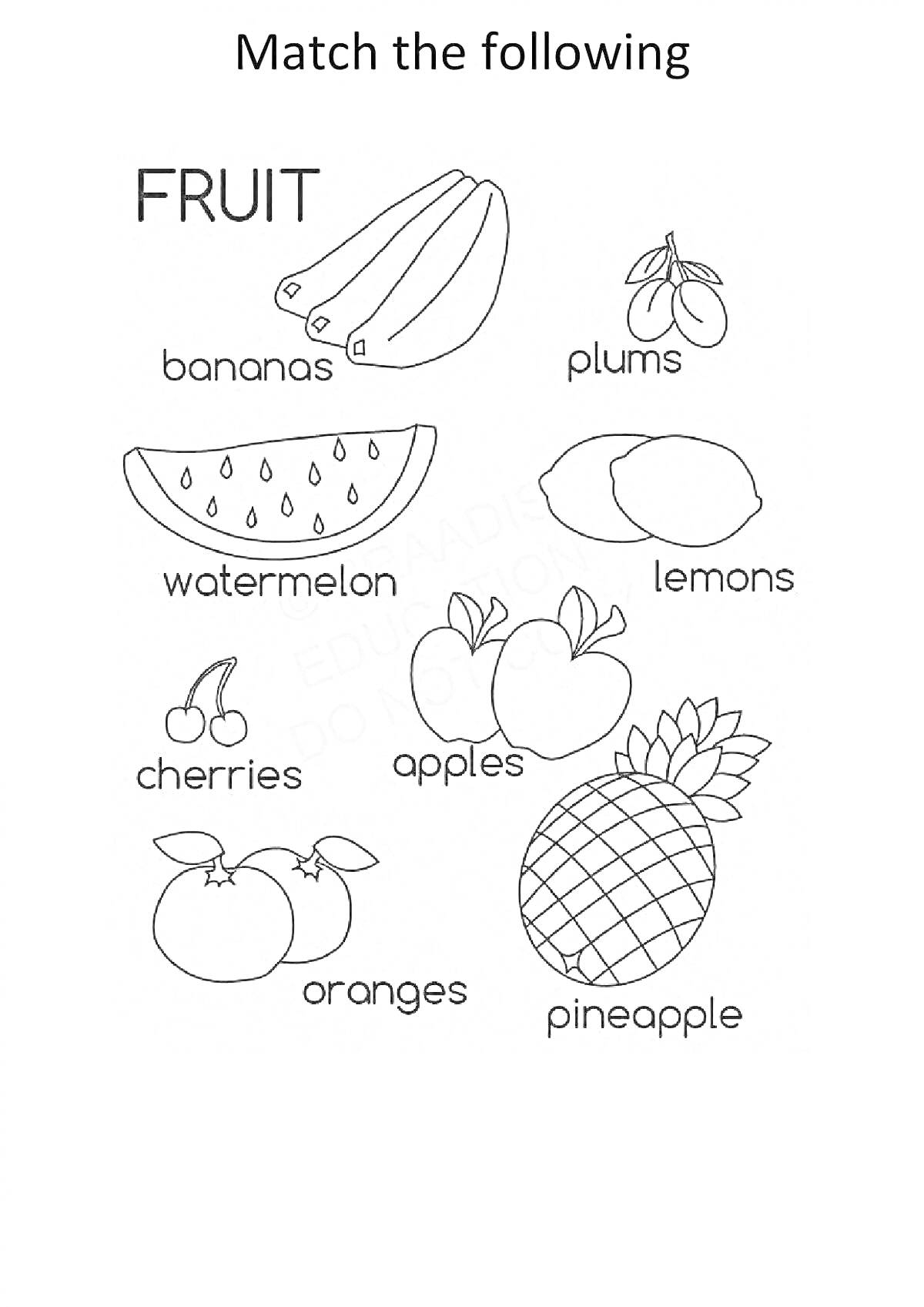 Раскраска фрукты для детей (бананы, сливы, арбуз, лимоны, вишни, яблоки, апельсины, ананас)