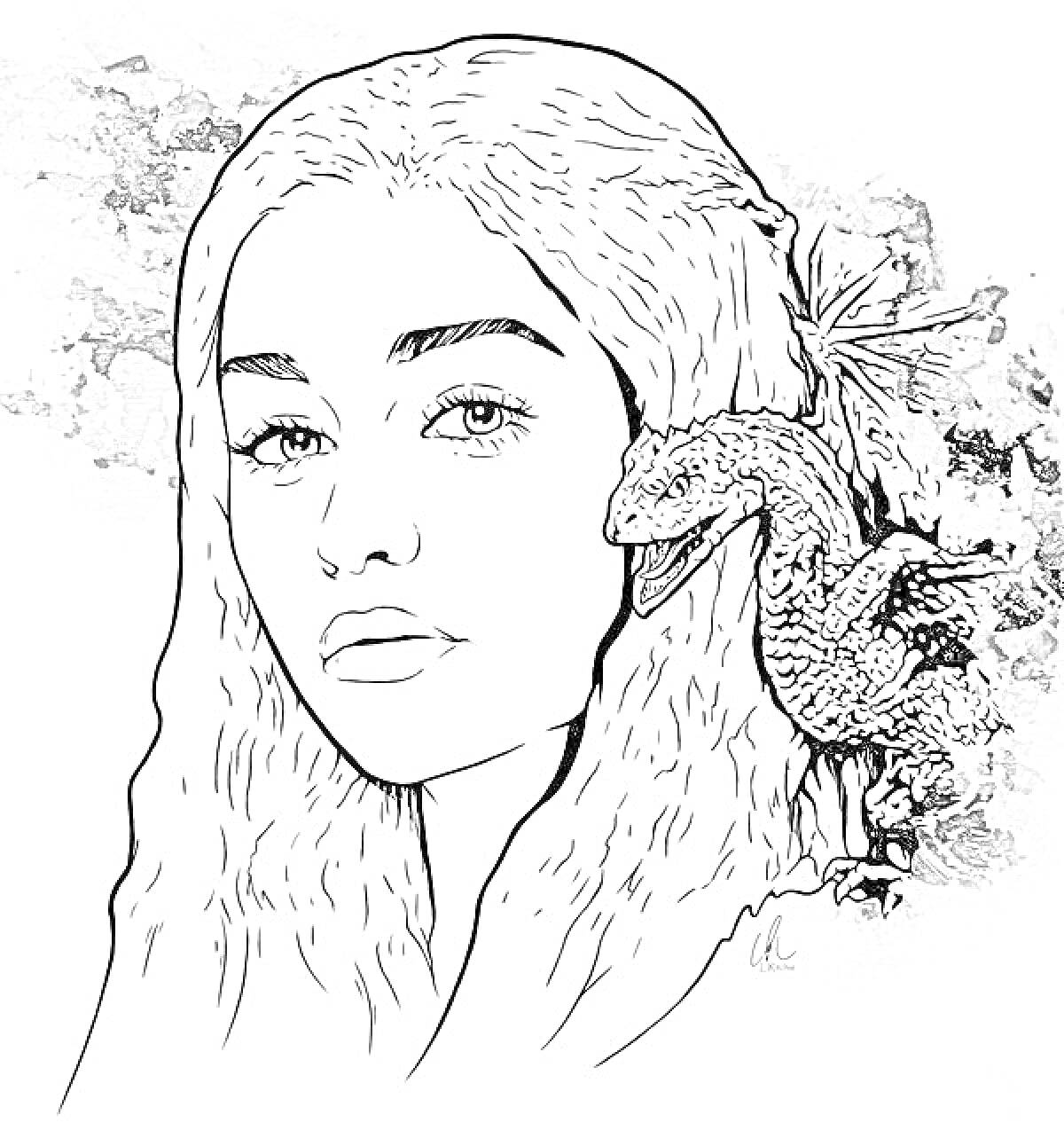 На раскраске изображено: Игра престолов, Дракон, Длинные волосы, Девочка, Портреты