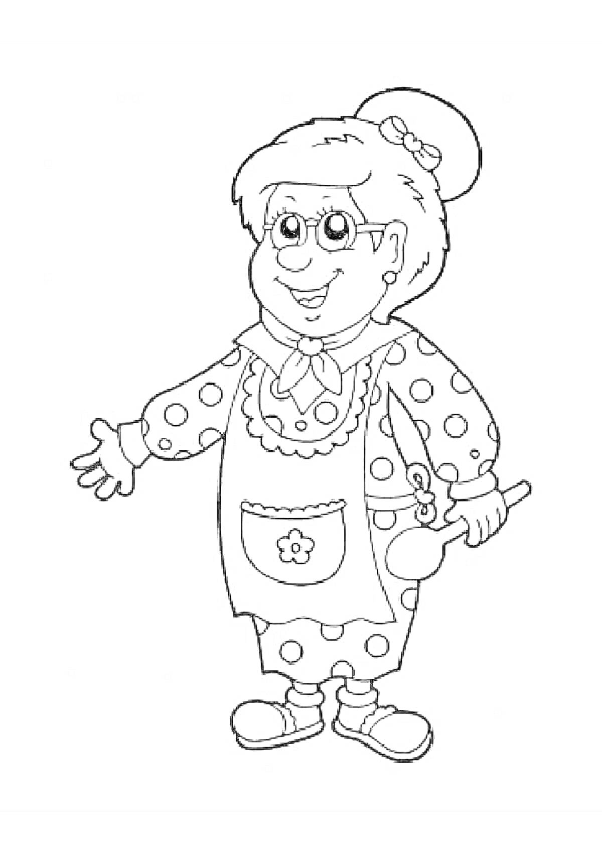 Раскраска Старушка в очках с бантом на шляпе, в фартуке и с ложкой в руке