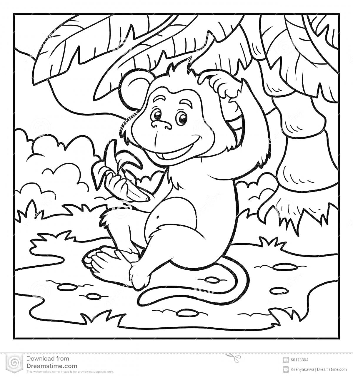 Раскраска Обезьянка с бананом под пальмой