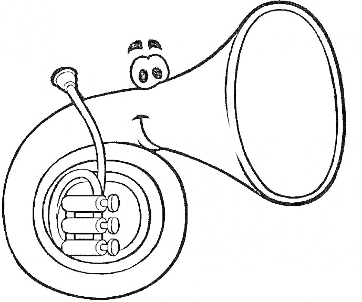 На раскраске изображено: Труба, Музыкальный инструмент, Глаза, Брови, Раскрашивание, Для детей, Контурные рисунки, Улыбка