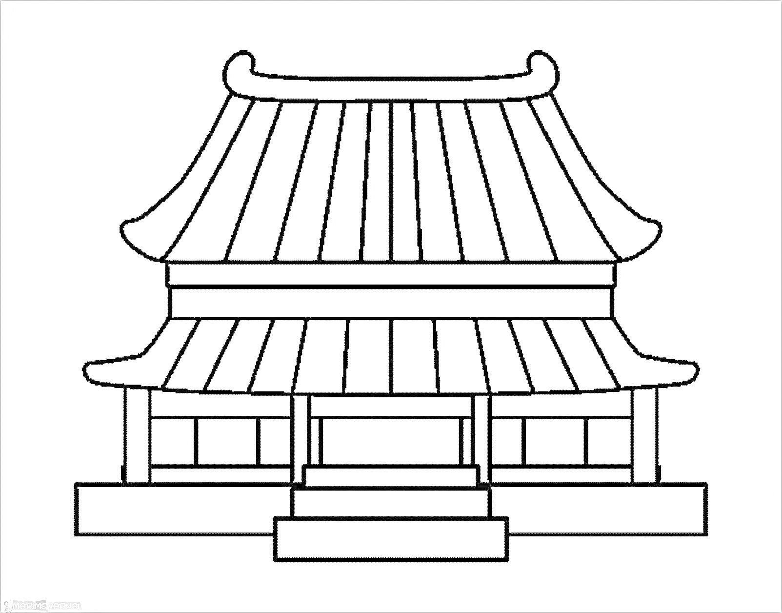 На раскраске изображено: Традиционная архитектура, Крыша, Окна, Лестница, Дом, Япония