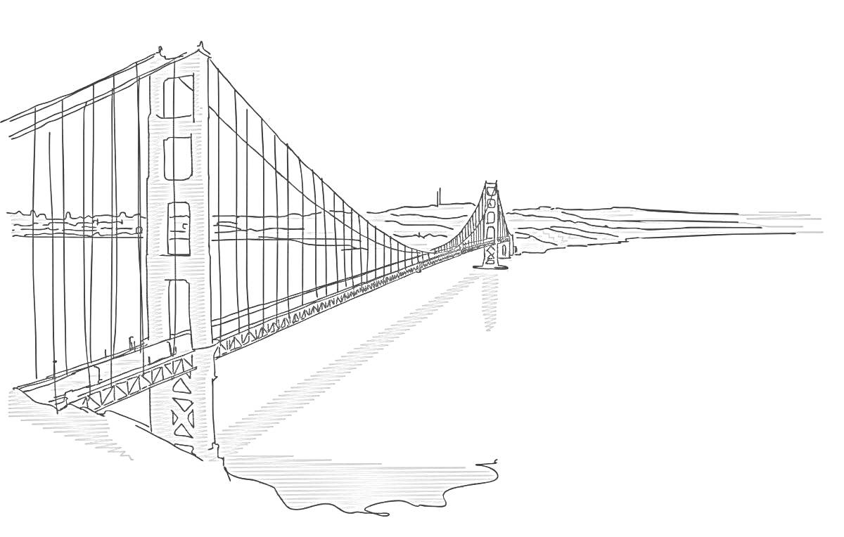 На раскраске изображено: Мост, Золотые ворота, Сан-Франциско, Вода, Небо, Архитектура, Береговая линия