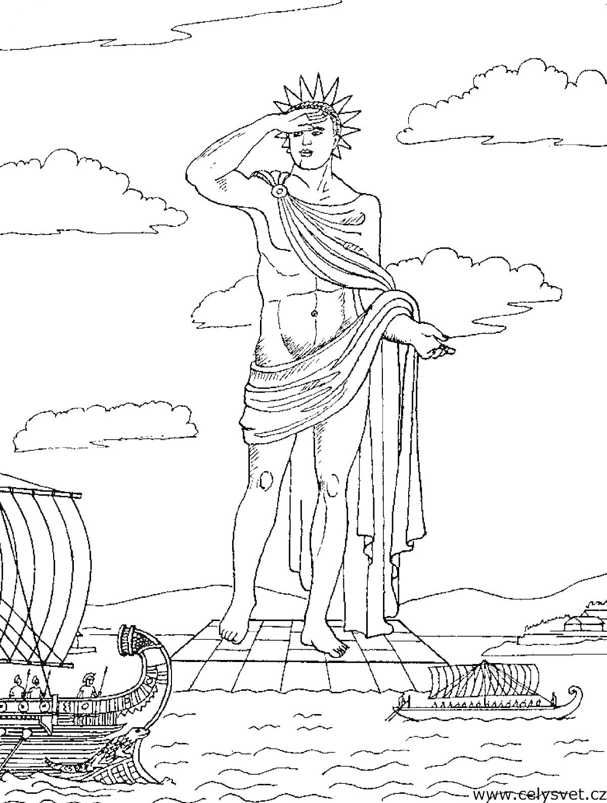 На раскраске изображено: Древняя Греция, Античность, Статуя, Море, Облака, Мифические существа