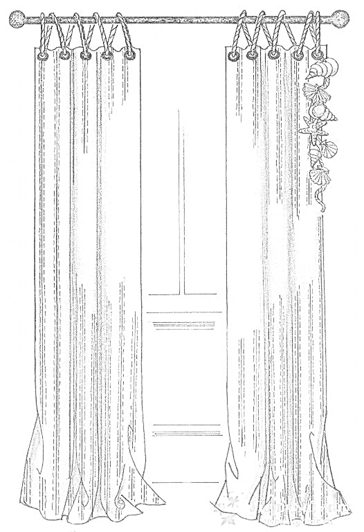 Раскраска Шторы на карнизе с украшением и видом на окно