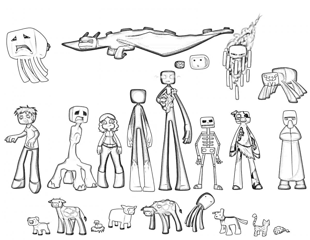 Раскраска Персонажи из Майнкрафт: гаст, эндер-дракон, магмакуб, иссушающая башка, паук, зомби, крипер, игрок, эндермен, скелет, ведьма, деревенский житель, свинья, корова, овца, грибная корова, курица, осьминог, волк, кот