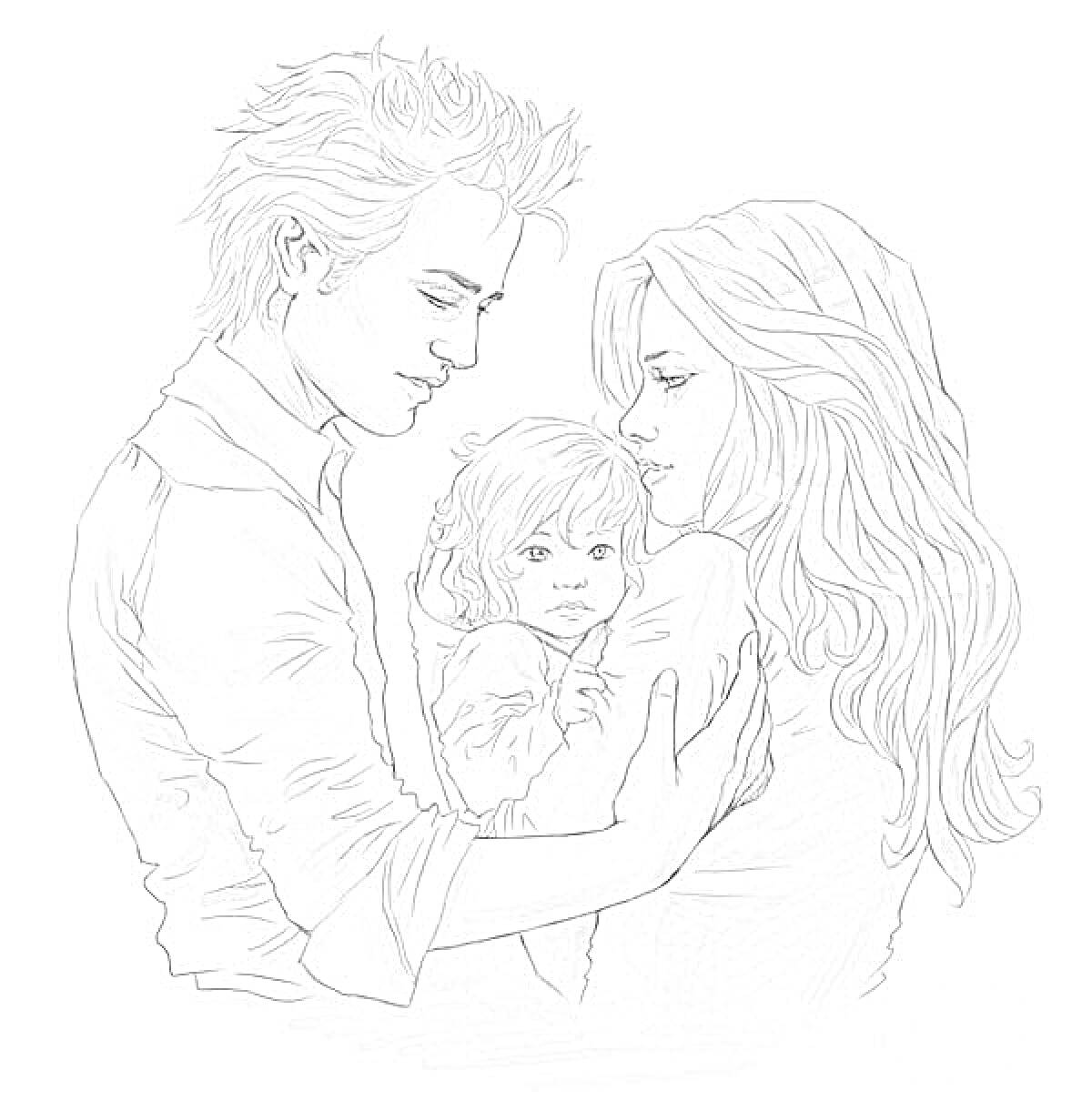 Раскраска Семья с маленьким ребенком на руках у женщины, рядом стоит мужчина с прической в стиле 