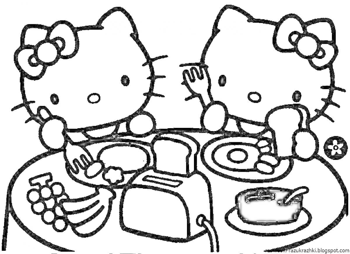 Раскраска Китти завтракают за столом, на столе тостер, тарелки, бананы, виноград, кастрюля