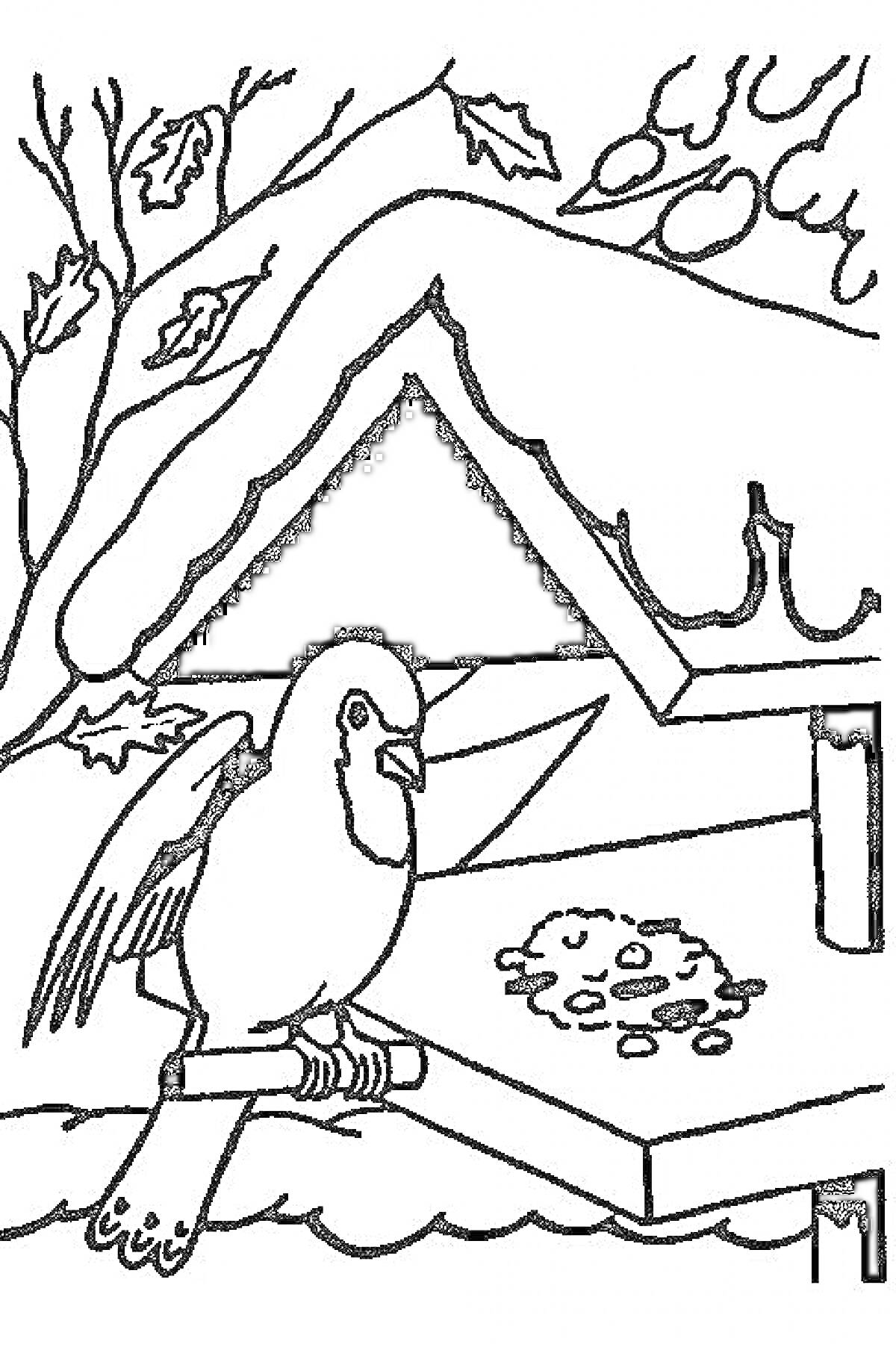 На раскраске изображено: Кормушка для птиц, Зима, Снег, Птица, Листья, Корм, Дети 3-4 года, Ветка