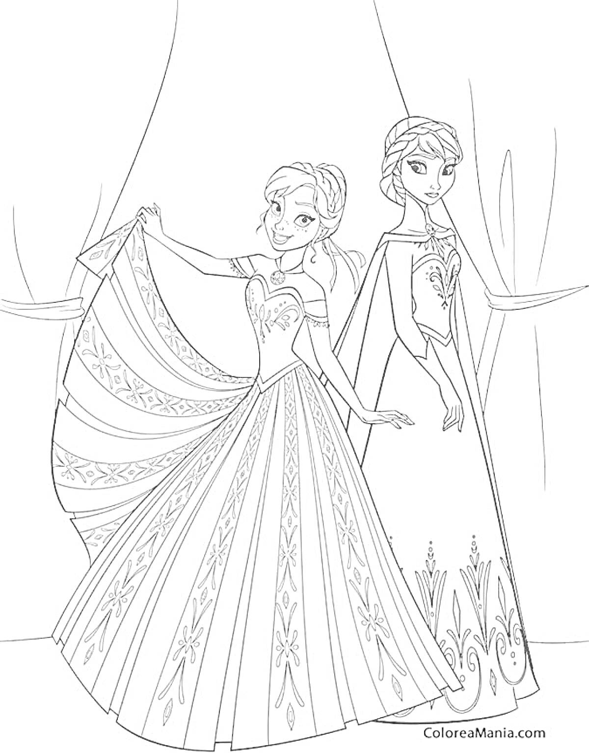 Раскраска Анна и Эльза на фоне занавеса в элегантных платьях