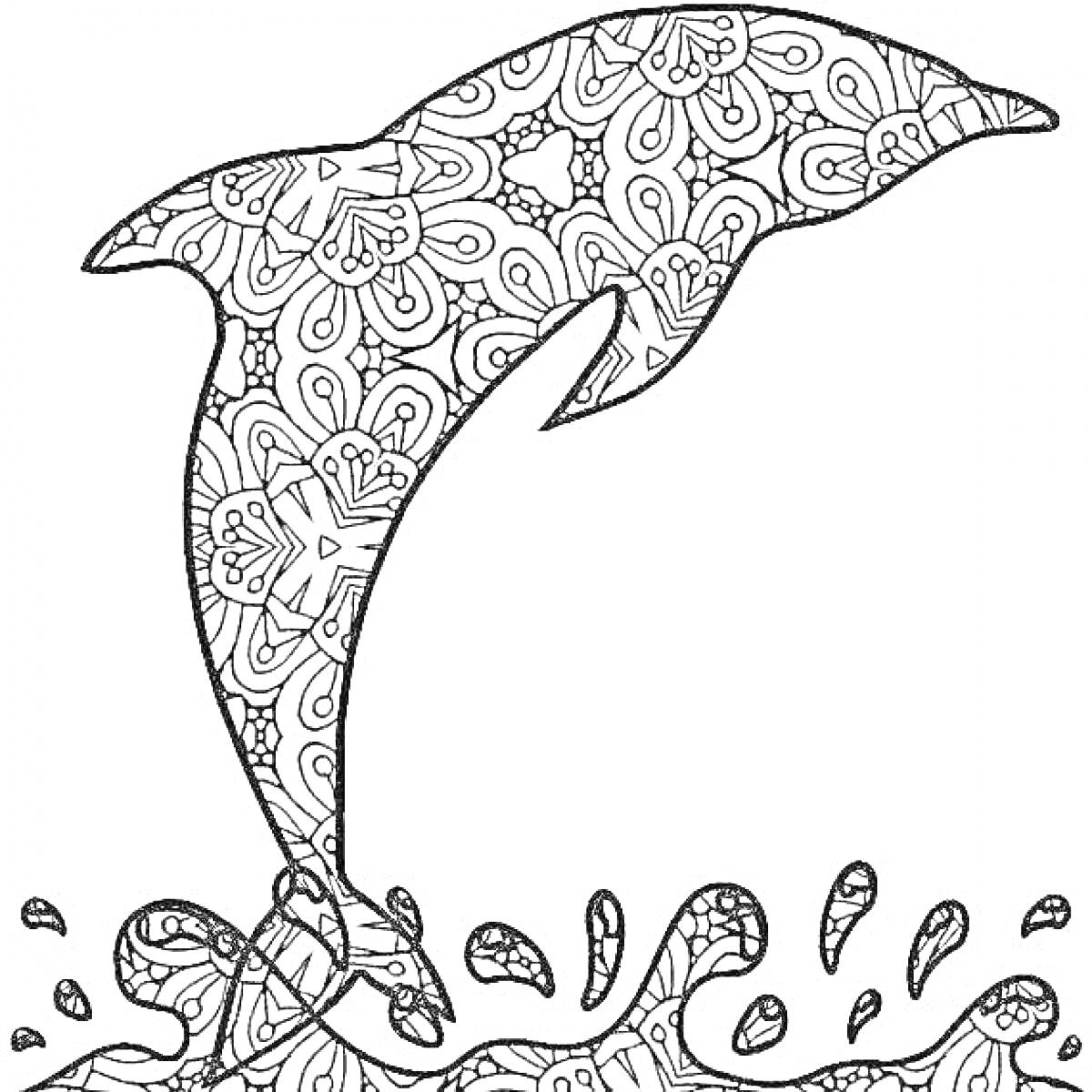 На раскраске изображено: Узоры, Вода, Брызги, Морские животные, Антистресс, Арт, Творчество, Дельфины