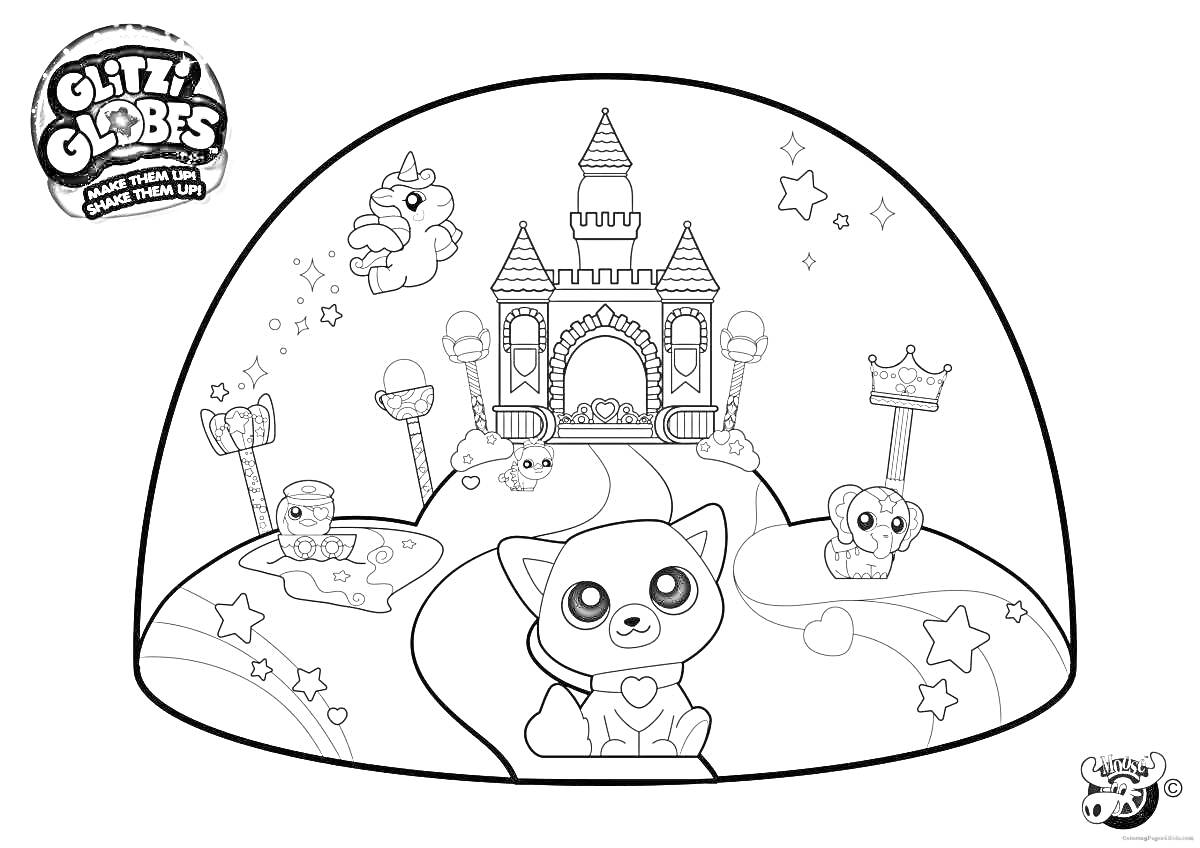 Раскраска Замок с маленькими животными, фонари, звезды, облака