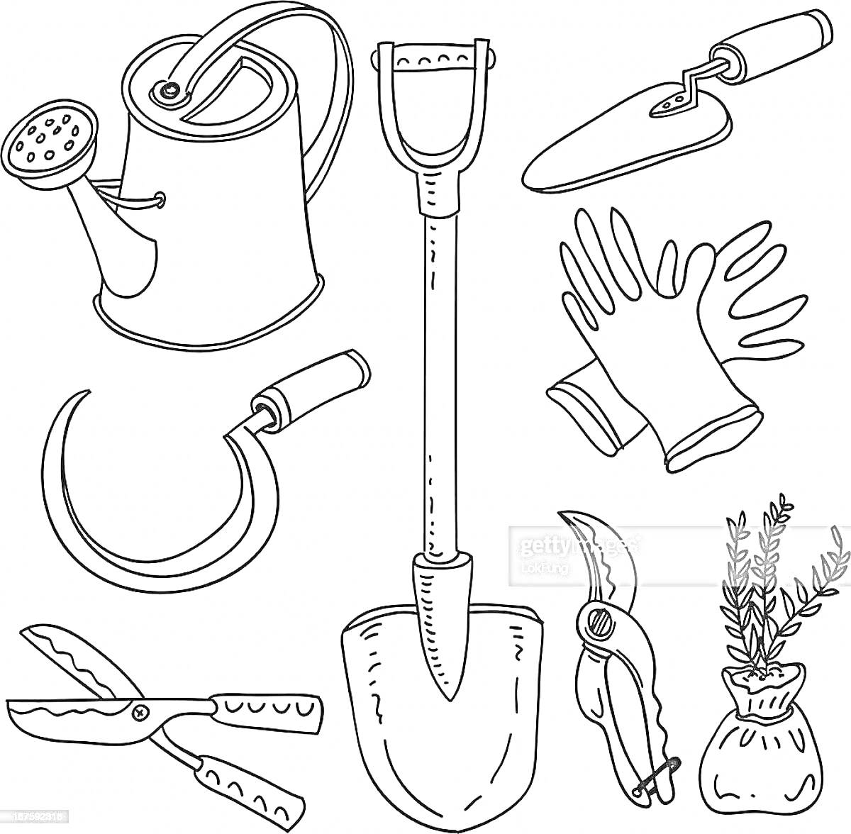 Лейка, лопата, грабли, перчатки, серп, ножницы, секатор и мешочек с травами