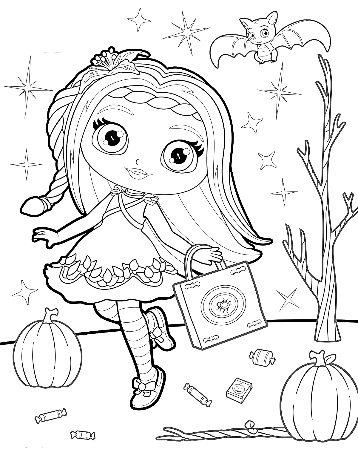 Раскраска Девочка Чармер с сумочкой, тыквы, летучая мышь и звезды на фоне