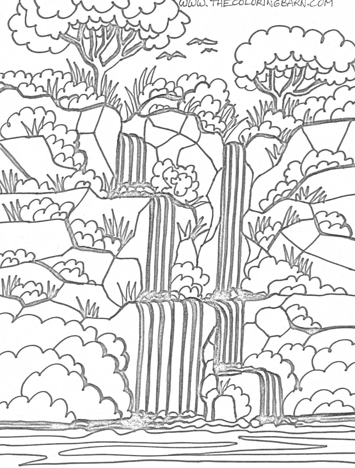 На раскраске изображено: Водопад, Лес, Деревья, Скалы, Река, Природа, Пейзаж, Окружающая среда, Кусты