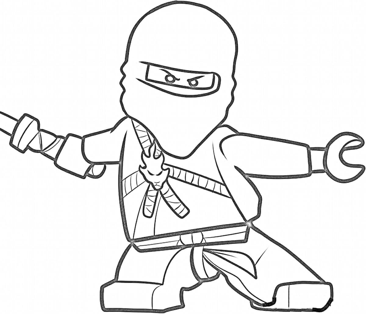 Раскраска Ниндзя с широким мечом, в маске, с поясным ремнем и детализированным костюмом